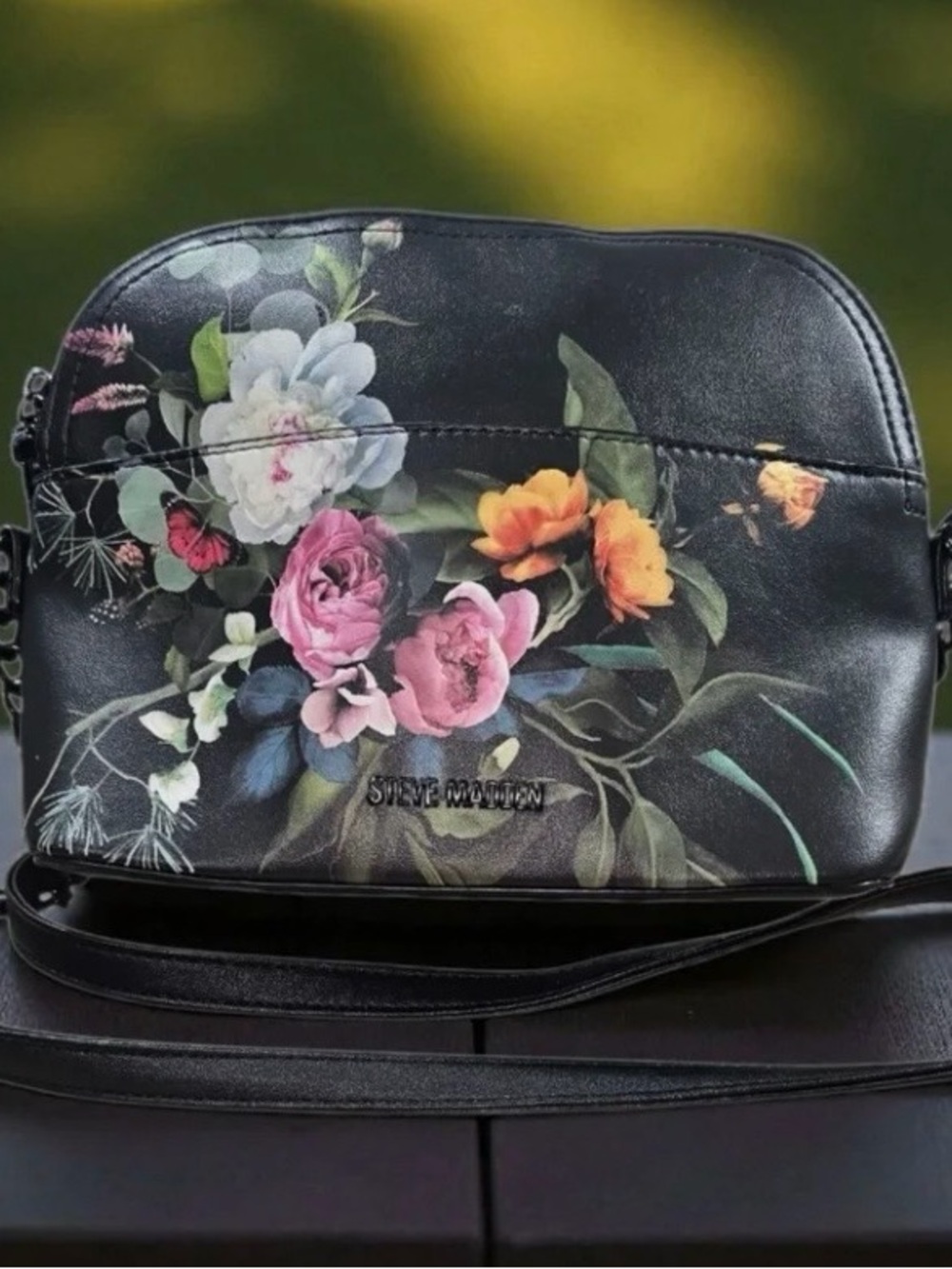 Steve Madden Black Floral Crossbody Bag with Multicolor Blooms